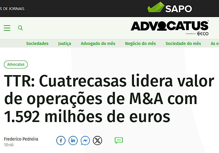 TTR: Cuatrecasas lidera valor de operaes de M&A com 1.592 milhes de euros